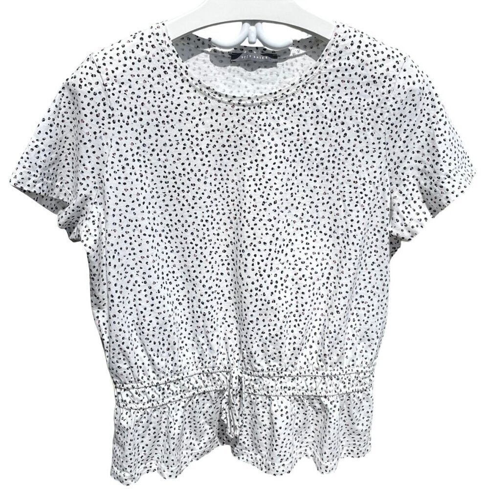 SUZY SHIER White Dot T-Shirt Top Peplum Short Sleeved Crew Neck Cropped Large